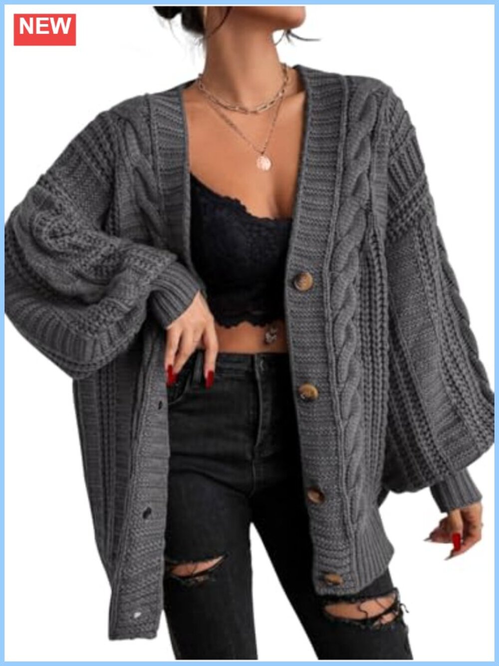 Oversized Cardigan Sweater Button Front Cable Knit V Neck Long Sleeve